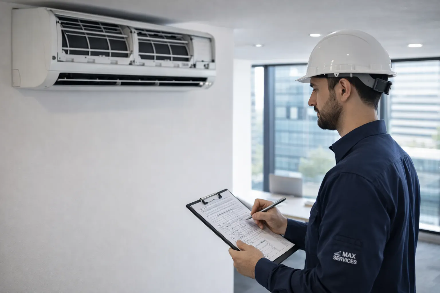 Técnico diagnosticando la falla de un equipo de climatización en terreno.