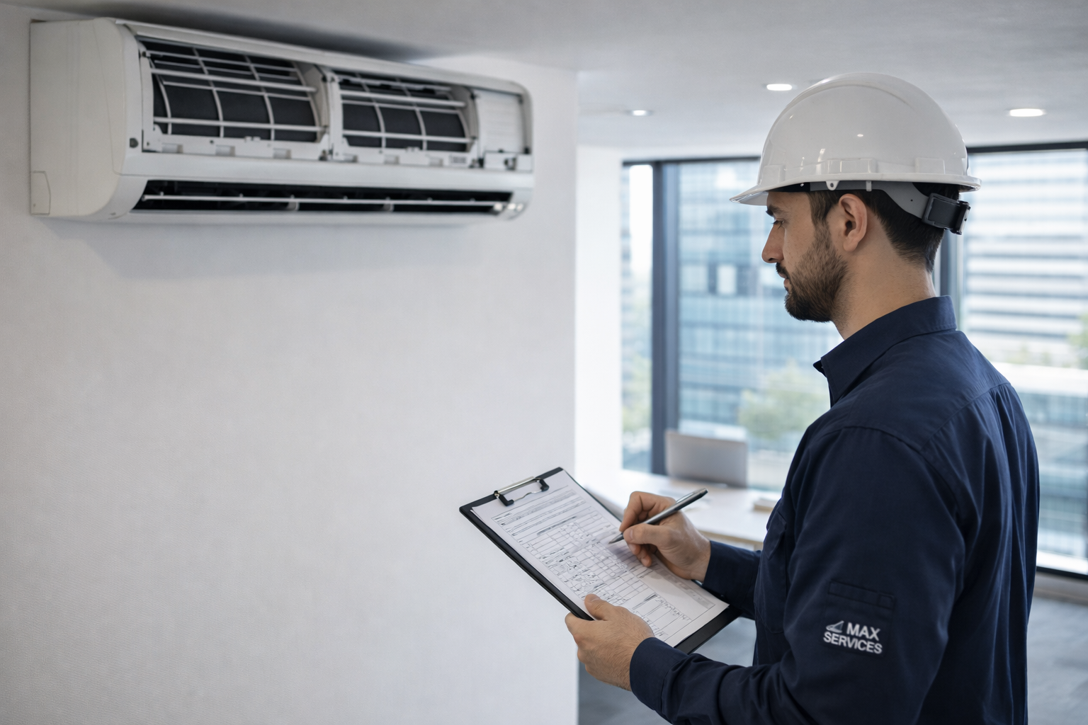 Técnico de MAX SERVICES SPA evaluando un equipo de climatización en terreno.