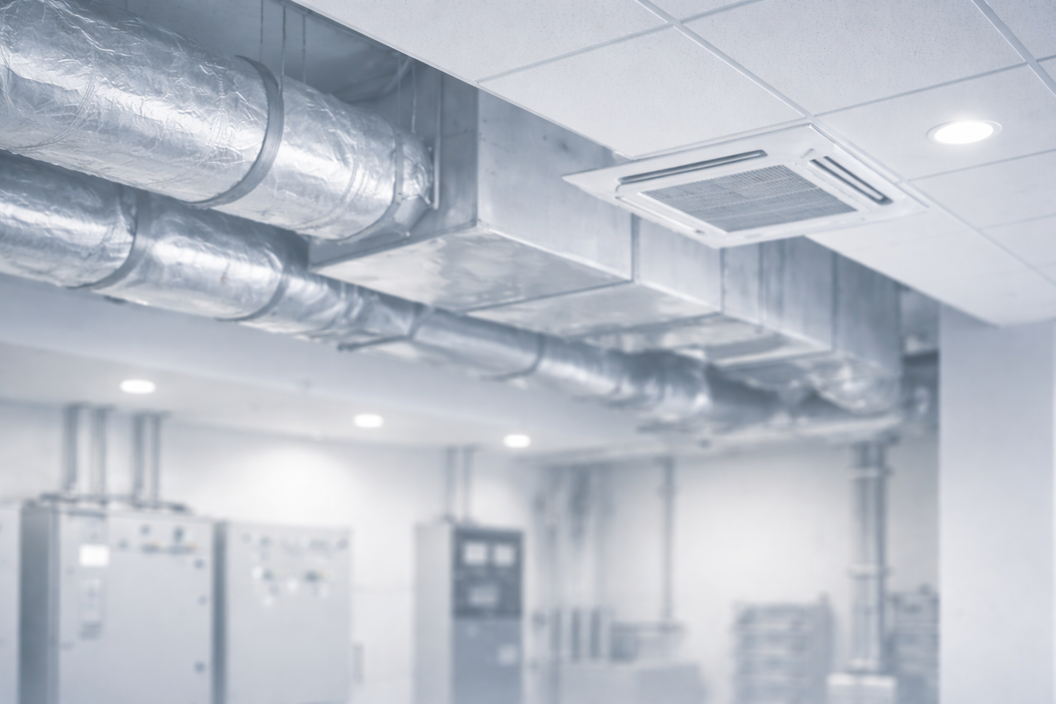Instalación técnica HVAC con ductos, equipos y cielo falso en un recinto corporativo.