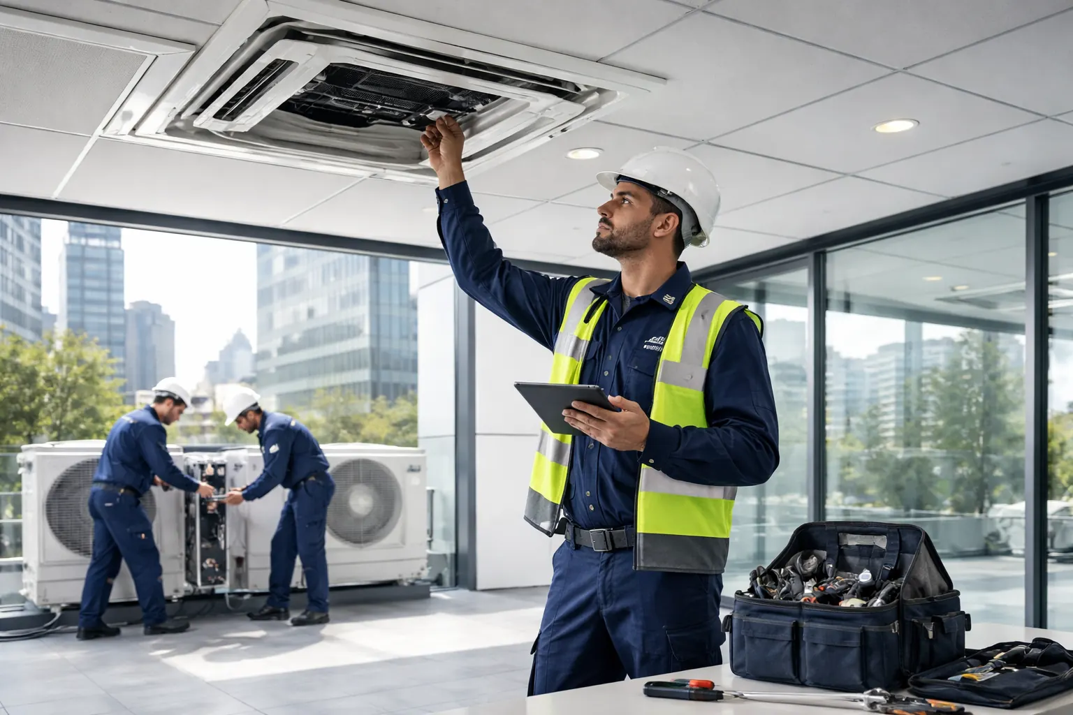 Técnico instalando un equipo de climatización en una oficina corporativa.